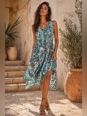 Boho Midi Dress NWT Ice Blue Tribal Print Adjustable Waist S/M Organic Viscose